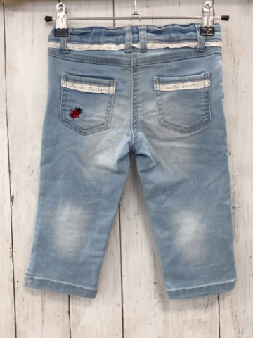   Caprihose  Gr. 104  blau Jeans Blumen Käfer weißer Spitzenbund mit Lochstickerei Bund verstellbar 