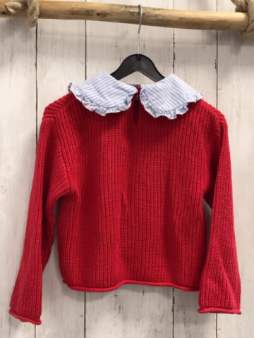 Zara  Pullover  Gr. 98  rot Strick hellblau weiß gestrefter Blusenkragen 