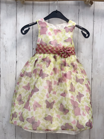 Marmelata  Kleid  Gr. 98  transparentes Überkleid mit hellgrün rosa Schmetterlingen kariertes Gürtelband mit Rosette 