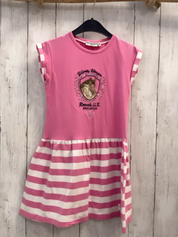 Salt & Pepper  Kleid  Gr. 116  rosa Oberteil mit Pferdeköpfen Schrift silber Pailetten rosa weiß gestreifter Rock 