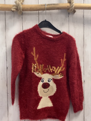 Famy  Pullover  Gr. 116  rot Strick flusig Rentier mit goldenem Pailettengeweih 