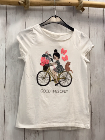 H&M  T-Shirt  Gr. 134  weiß Mädchen mit Fahrrad Schmettrelinge Blumen 