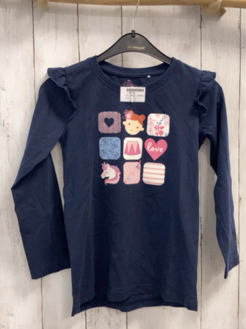   Langarmshirt Gr. 128  blau Rüschen an den Schultern kleine Bilder 