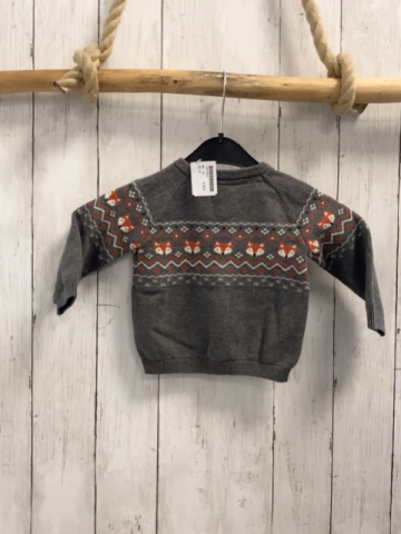   Pullover  Gr. 74  grau Strick orange weißes Muster mit Fuchsköpfen + Rauten 