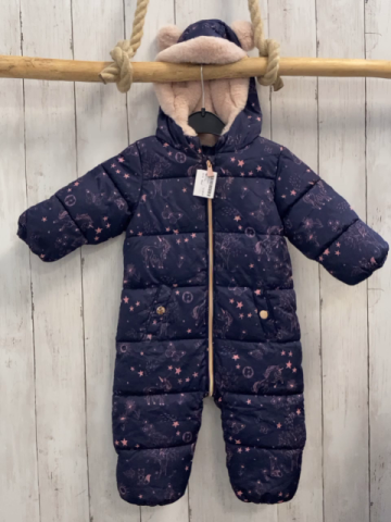 Next  Winteroverall Gr. 74  dunkelblau rosa Sterne + Tiere Kapuze mit Plüschbund + -ohren 