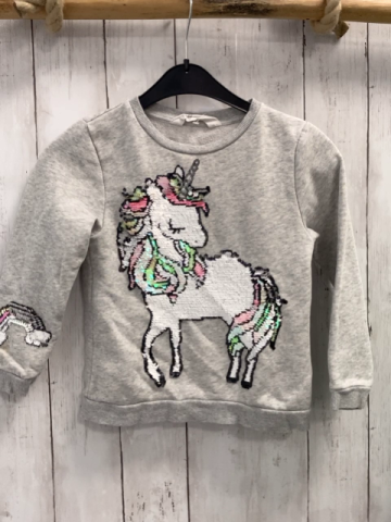 H&M  Pullover  Gr. 110  hellgrau Pailetteneinhorn 