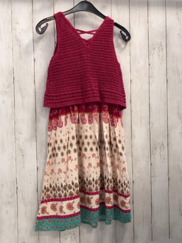   Kleid  Gr. 158/164  weinrotes Oberteil mit Häkelei beige Rock mit Blumen + Ornamentdruck 