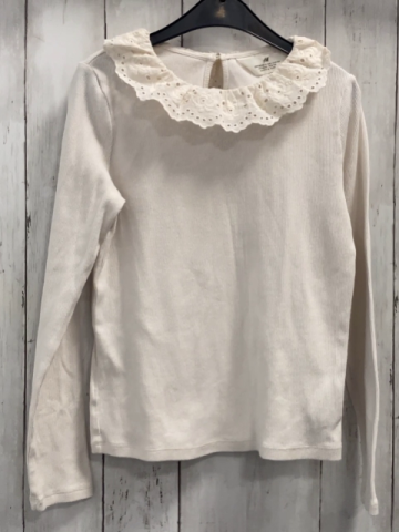 H&M Langarmshirt Gr. 134  weiß Rippen Blusenkragen mit Lochstickerei 