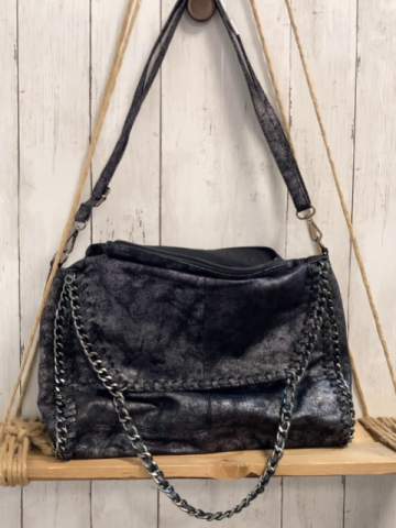 Paolo Bags  Tasche  grau silber gemustert Rand + Griffe mit silber Kette Breite ca. 39 cm Höhe ca. 40 cm