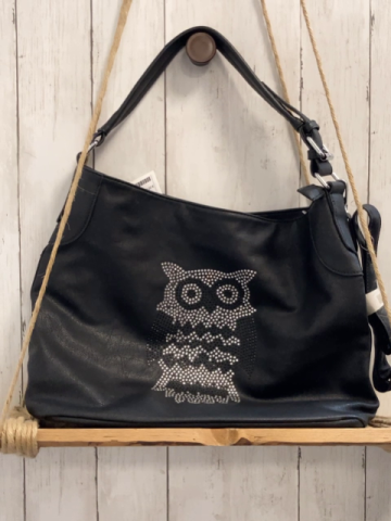 neu  Tasche  schwarz mit Eule aus silber schwarzen Steinen Breite ca. 42 cm Höhe ca. 30 cm 