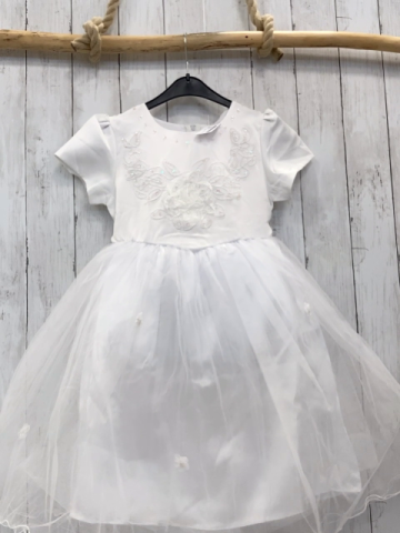 neu  Kleid  Gr. 128  weißes Oberteil mit Blumenstickerei + Pailetten 3 lagiger Tüllüberrock mit Rosetten 