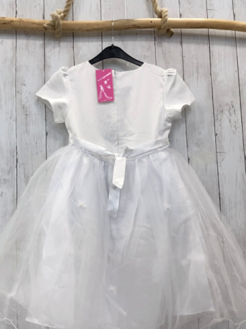 neu  Kleid  Gr. 128  weißes Oberteil mit Blumenstickerei + Pailetten 3 lagiger Tüllüberrock mit Rosetten 