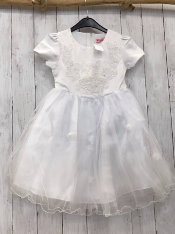 neu  Kleid  Gr. 122  weißes Oberteil mit Blumenstickerei + Pailetten 3 lagiger Tüllüberrock mit Rosetten 