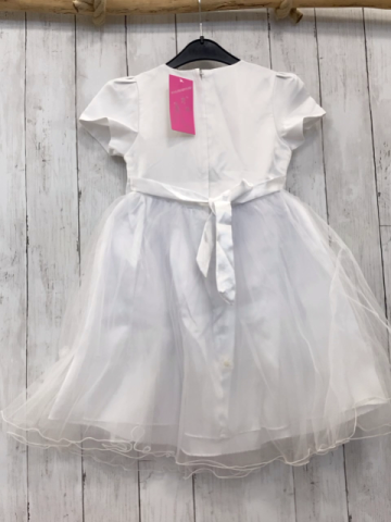 neu  Kleid  Gr. 122  weißes Oberteil mit Blumenstickerei + Pailetten 3 lagiger Tüllüberrock mit Rosetten 