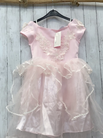 neu  Kleid  Gr. 128  rosa Oberteil mit weißer Blumenstickerei + Piailetten transparente Tüllrüschen mit Wellbenborte 