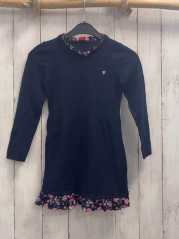 S´Oliver  Kleid  Gr. 110  blau Strick Kragen + Saum mit altrosa weißen Blumen 