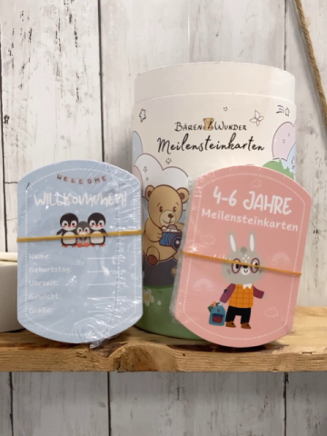 neu  Meilensteinkarten in runder Dose mit Bären + Bäumen 