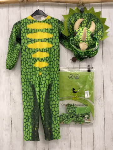 4tlg  Karnevalkostüm Gr. 110  hellgrün grau Dino Overall Mütze Handschuhe Stulpen 