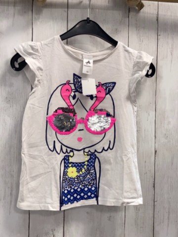   T-Shirt Gr. 122  weiß Mädchen mit Pailettenbrille mit Flamingos 