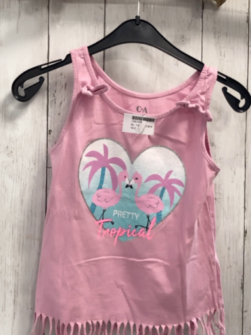   Top  Gr. 134  rosa glänzendes Herz mit Flamingos + Palmen Fransensaum 