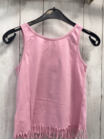   Top  Gr. 134  rosa glänzendes Herz mit Flamingos + Palmen Fransensaum 