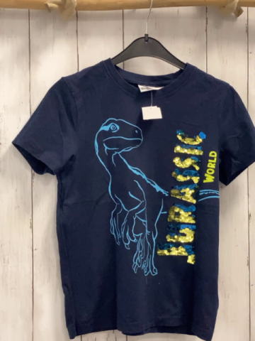   T-Shirt  Gr. 134  blau hellblauer Dino Pailettenschrift 