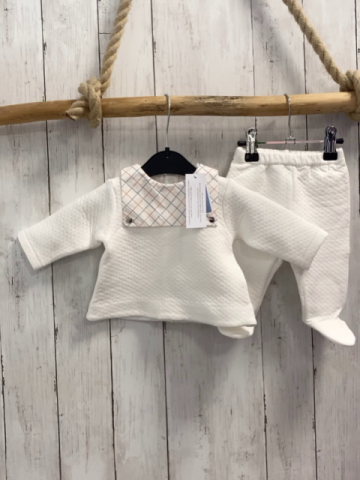 neu 2tlg Jacadi  Pullover + Babyhose  Gr. 56  weiß Struktur + Kragen mit blau roten Karos 