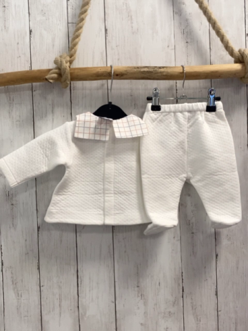 neu 2tlg Jacadi  Pullover + Babyhose  Gr. 56  weiß Struktur + Kragen mit blau roten Karos 
