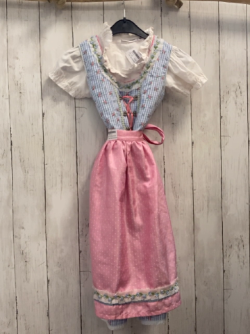 3tlg Stockerpoint Trachtenkleid + Bluse + Schürze Gr. 134  blau weiß kariert + weiß + rosa mit weißen Punkten