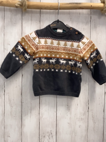   Pullover  Gr. 86  grau Strick + weiß beige ocker Streifen mit Muster  