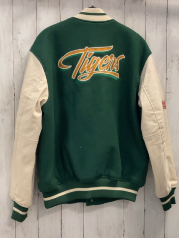 H&M  Collegejacke Gr. M grün mit Schrift + Tigeraufnäher creme lederoptik Ärmel 