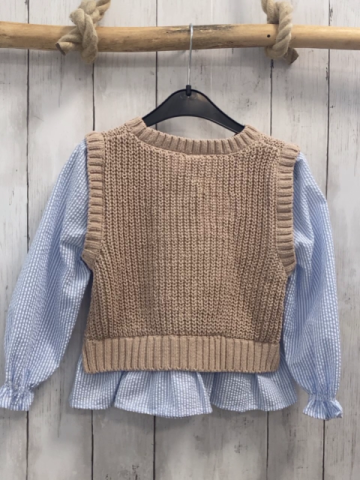  Bluse Gr. 110  hellblau weiß gestreift brauner Strickpullunder