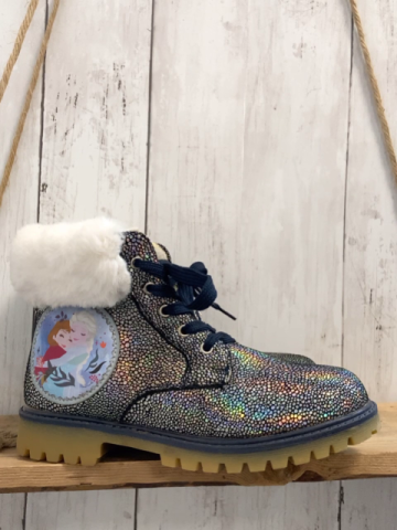   Boots  Gr. 32  blau mit silber bunt glänzendem Druck weißer Rellbund Bild mit Anna und Elsa 