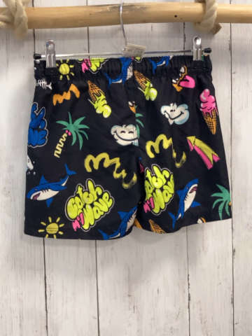 H&M  Badeshorts  Gr. 110  schwarz bunter Druck hellgrüne Kordel