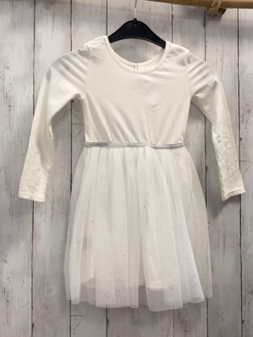 H&M  Kleid  Gr. 110  weiß transparenter Tüllüberrock mit Glitzerpunkten silber Glitzergürtelband 