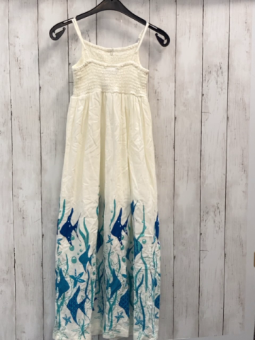 BonPrix  Kleid  Gr. 140  weiß petrol mint Fische + Pflanzen Oberteil gesmokt 