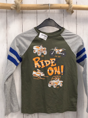 Lands´  End  Langarmshirt  Gr. 128  kiwi graue Ärmel mit blauen Striefen Fahrzeuge orange Schrift 