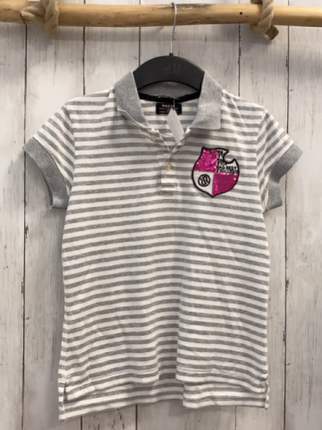 Raer  T-Shirt  Gr. 140  grau weiße Streifen Polokragen Wappen mit pink Pailetten 