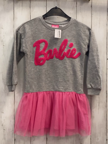   Kleid  Gr. 122/128  graues Oberteil mit pink Plüschschrift +pink Tüllrock 