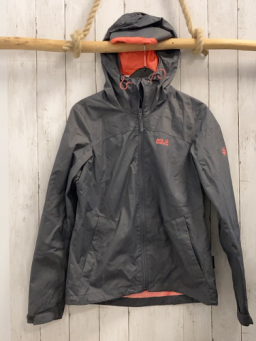 Jack Wolfskin  Regenjacke  Gr. 164  grau Kapuze lachs Schrift + Futter 