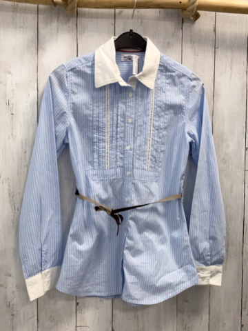   Bluse  Gr. 152  hellblau weiße Streifen weißer Kragen mit Gürtel 