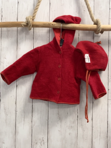 2tlg Hess Natur  Jacke + Mütze  Gr. 74   rot 100 % Schurwolle mit orange rot gestreiftem Futter 
