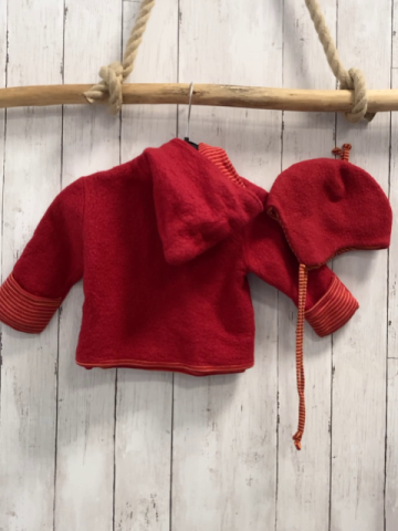 2tlg Hess Natur  Jacke + Mütze  Gr. 74   rot 100 % Schurwolle mit orange rot gestreiftem Futter 