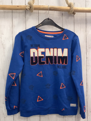 Retour  Pullover  Gr. 158/164  blau orange Dreiecke graue Tigerköpfe wieß schwrze Plüschschrift mit oange Bund 