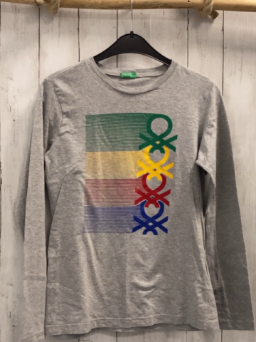 Benetton Langarmshirt  Gr. 170  hellgrau bunte Streifen + Labels 