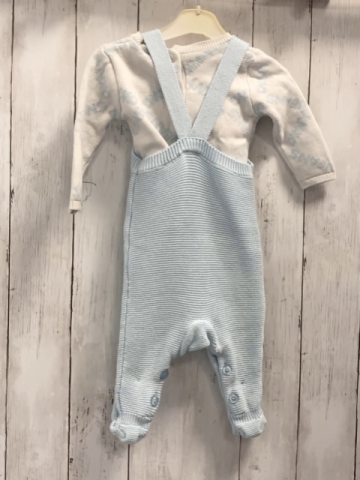 DKNY 2tlg Latzhose + Pullover Gr. 62  hellblau Strick + weiß blaue Schrift Strick