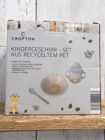neu  Kindergeschirr  Gr. 3tlg   Becher Schüssel + Löffel im Karton grau Giraffe Blätter 