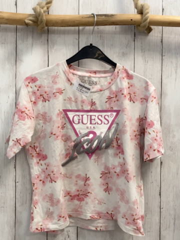 Guess  T-Shirt  Gr. 158/164  weiß rosa Blüten Dreieck silber Glitzerschrift 