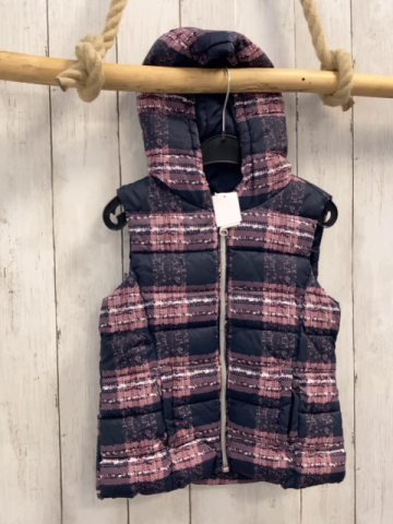 Benetton  Weste  Gr. 116  grau altrosa weiß kariert Kapuze silber Reißverschluss 