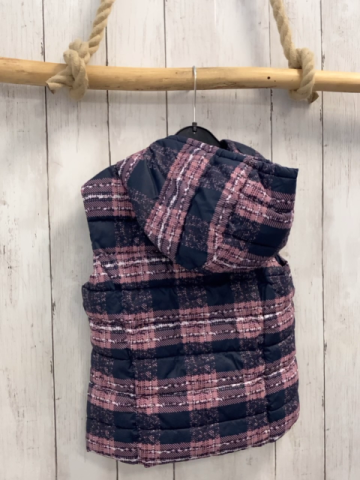 Benetton  Weste  Gr. 116  grau altrosa weiß kariert Kapuze silber Reißverschluss 